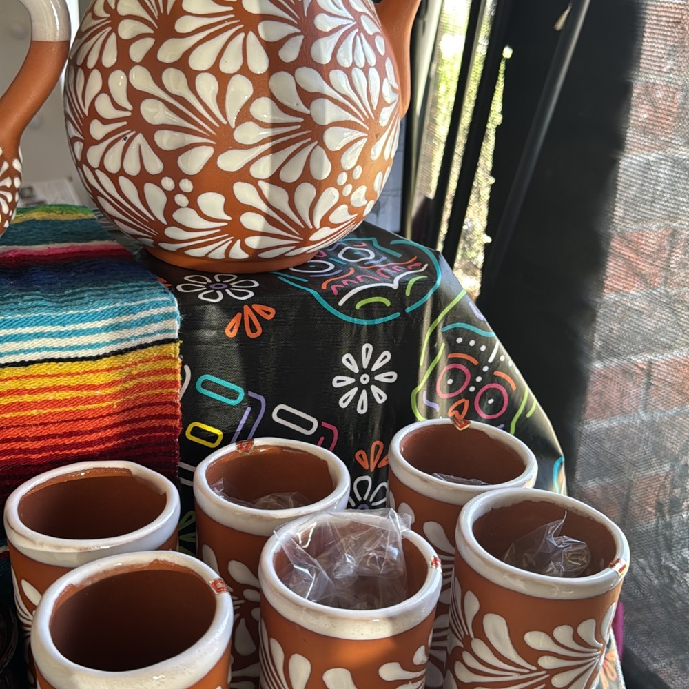 Handpainted Mexican Terracotta Pitcher and Cups - White Floral on Brown